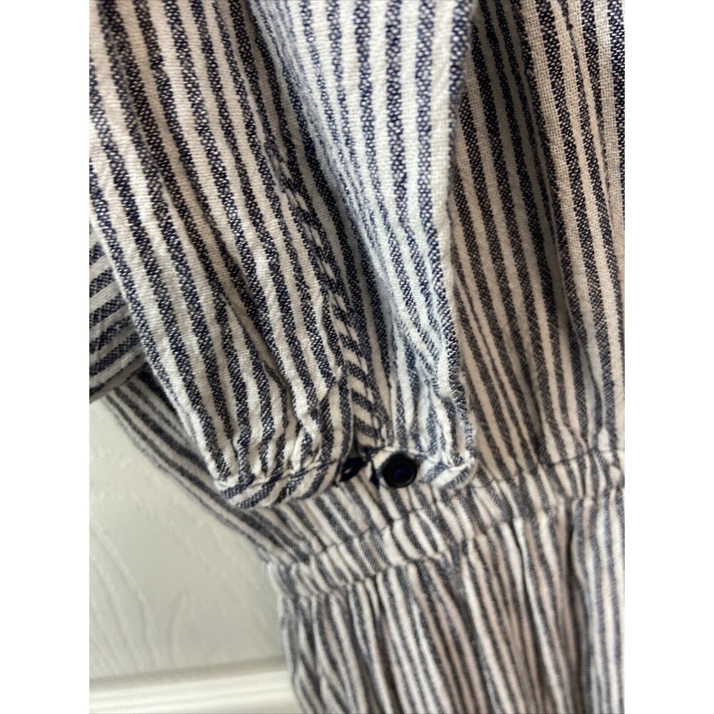 Old Navy Linen Jumper Womens Small Blue White Striped Faux Wrap Wide Leg - Picture 9 of 10